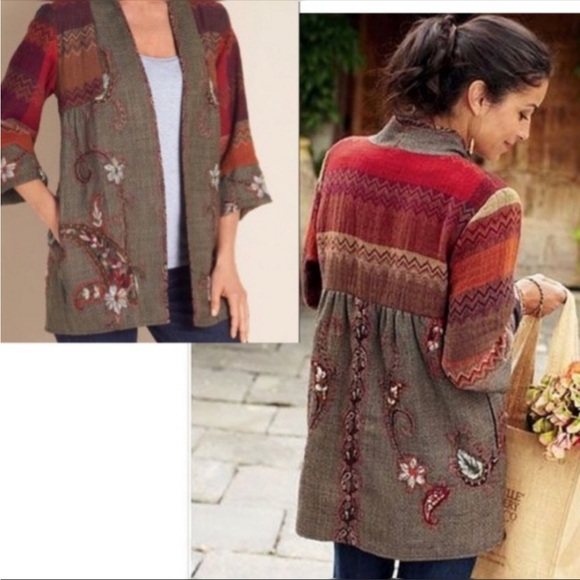 Soft Surroundings Izmir Wool Patchwork Floral embroidered Cardigan Jacke… - Picture 4 of 12
